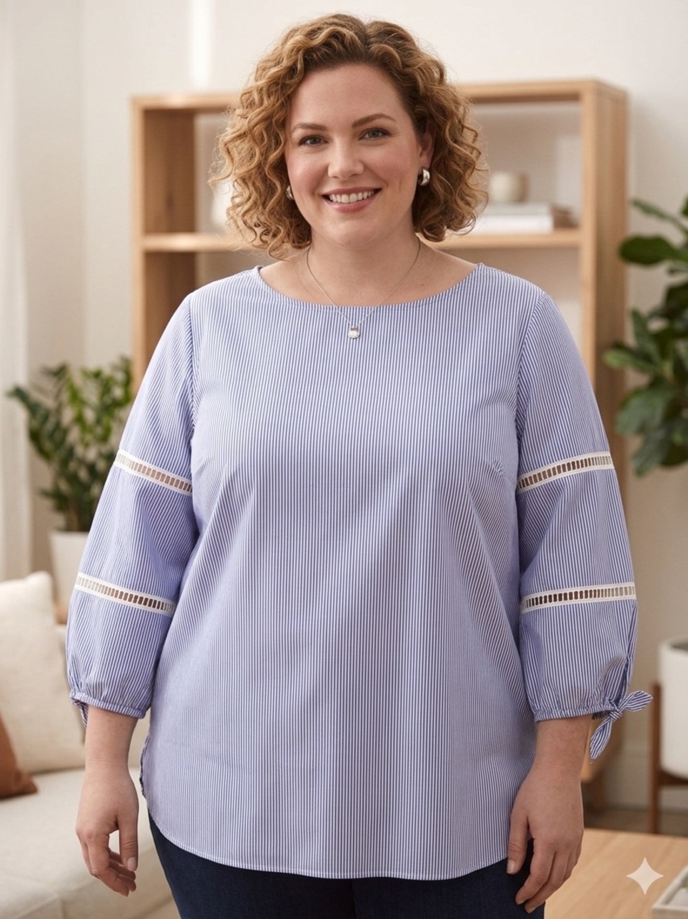 Talbots Striped Lace Accent Blouse Plus Size Blue White Roll Tab Sleeve